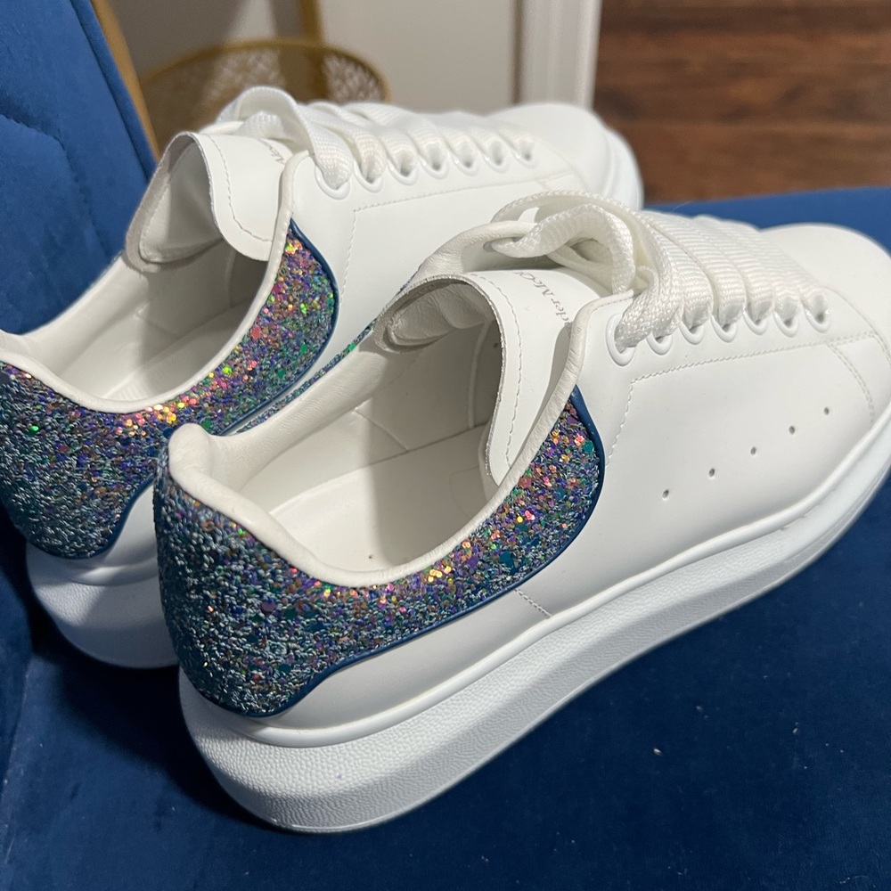 Alexander McQueen White and Blue Glitter Sneakers
